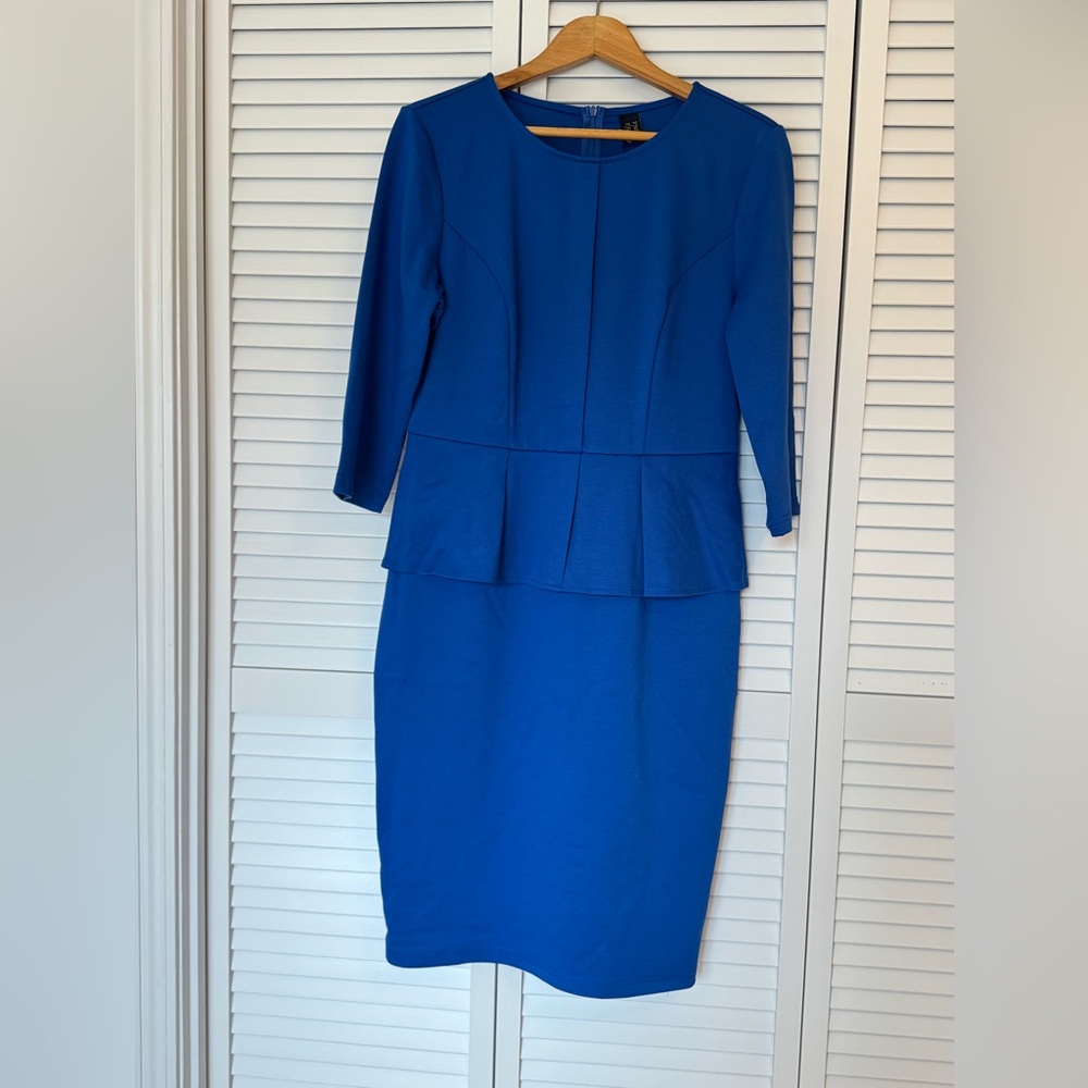 NWT VfShow Blue Peplum Sheath Dress 3/4 Sleeve Knee Length Size Large